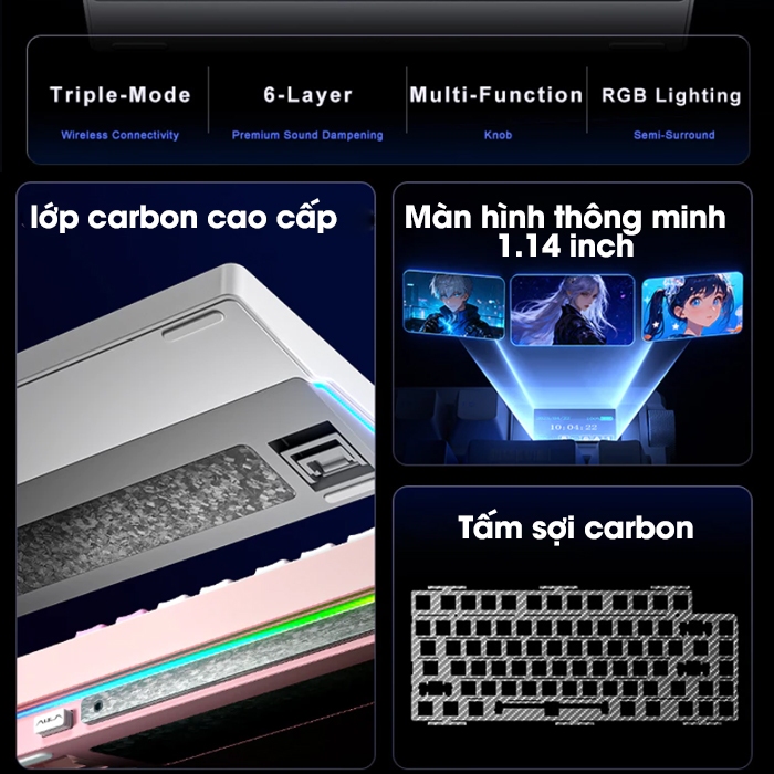 Bàn phím cơ 3 mode AULA NOVA75 xuyên LED RGB 20 hiệu ứng, có màn hình tùy chỉnh ảnh, núm xoay bên cạnh nổi bật | BigBuy360 - bigbuy360.vn