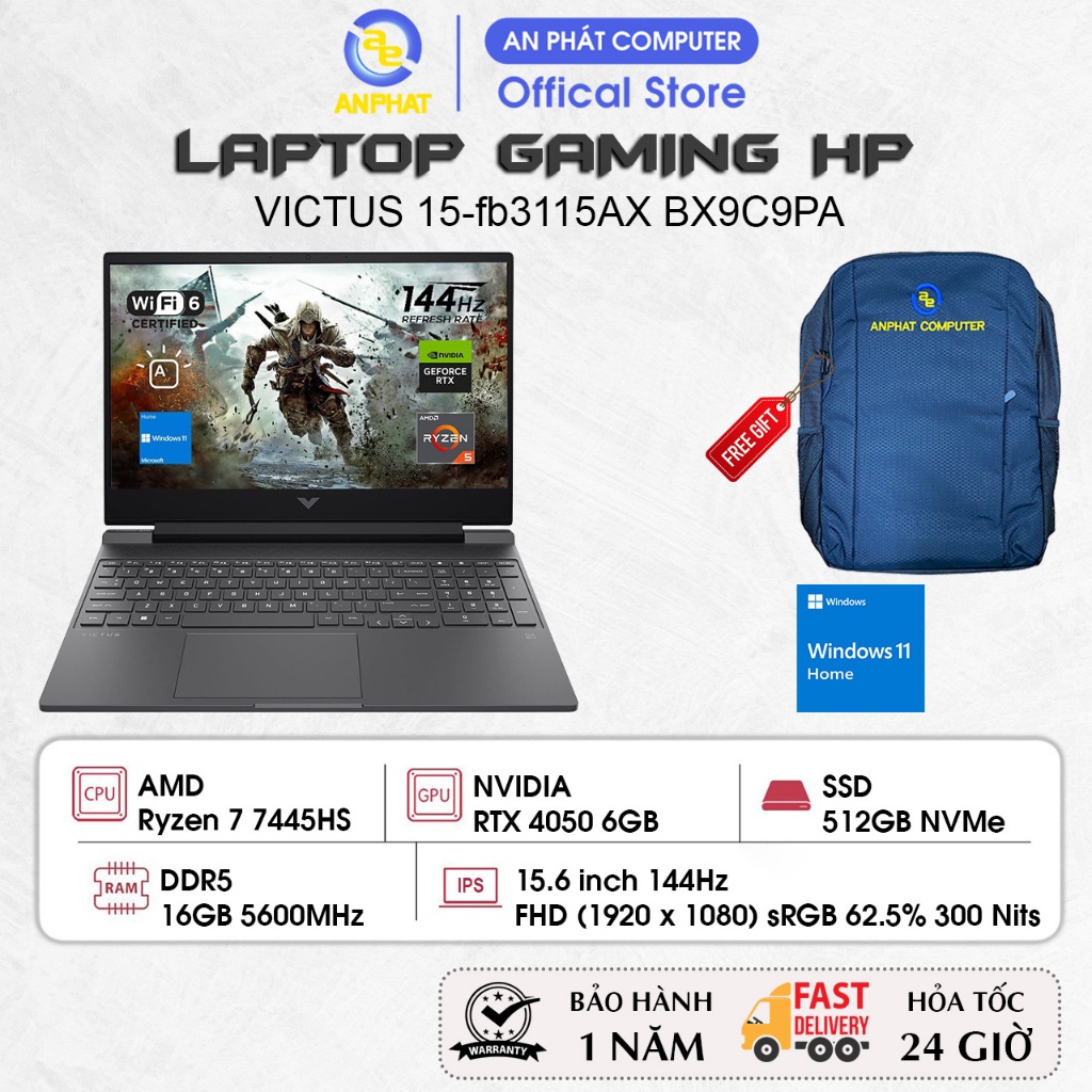 Laptop Gaming HP VICTUS 15-fb3115AX BX9C9PA, Ryzen 7 7445HS, RTX 4050 6GB, 16GB RAM, 512GB SSD, 15.6