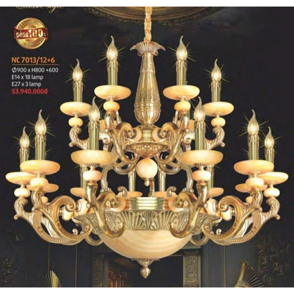 Đèn Chùm Đồng 18 tay - Chao Đá Vàng