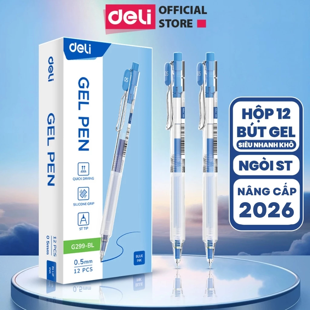 [Nhanh khô 0.1s] Hộp 12 Bút Gel Bấm Deli EG299 Nâng Cấp Nhanh Khô Deli Bút Bi Nước Mực Đều Viết Đẹp 