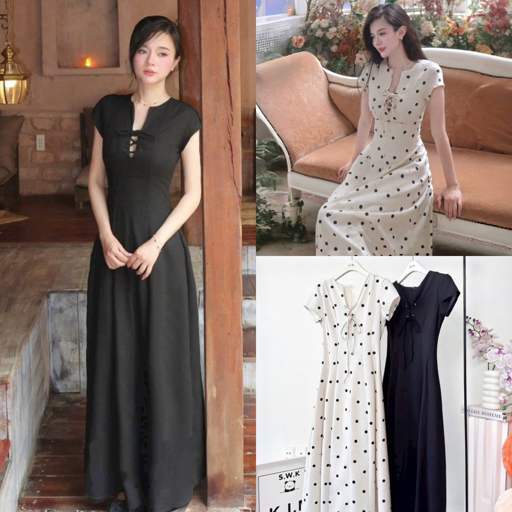 ( Sam’s Clothing ) Đầm maxi linen đan dây ngực tay ngắn thiết sang trọng