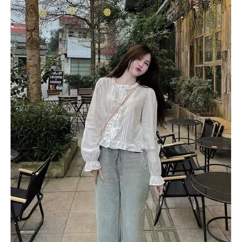 Áo sơ mi cổ tròn bèo xếp ly tay phồng dài tay bo chun by Cimie Closet