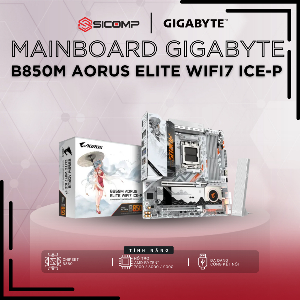 [FV] MAINBOARD GIGABYTE B850M AORUS ELITE WIFI 7E ICE-P (MÀU TRẮNG), CHÍNH HÃNG, BẢO HÀNH 3Y