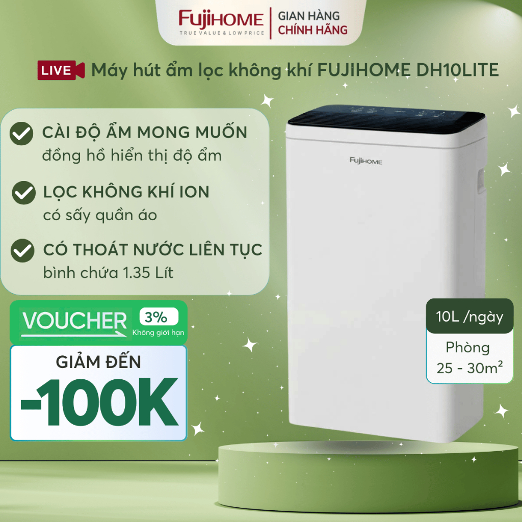 Máy hút ẩm gia đình nhỏ gọn dung tích 10L Nhập Khẩu FUJIHOME DH10LITE chạy êm tiết kiệm điện