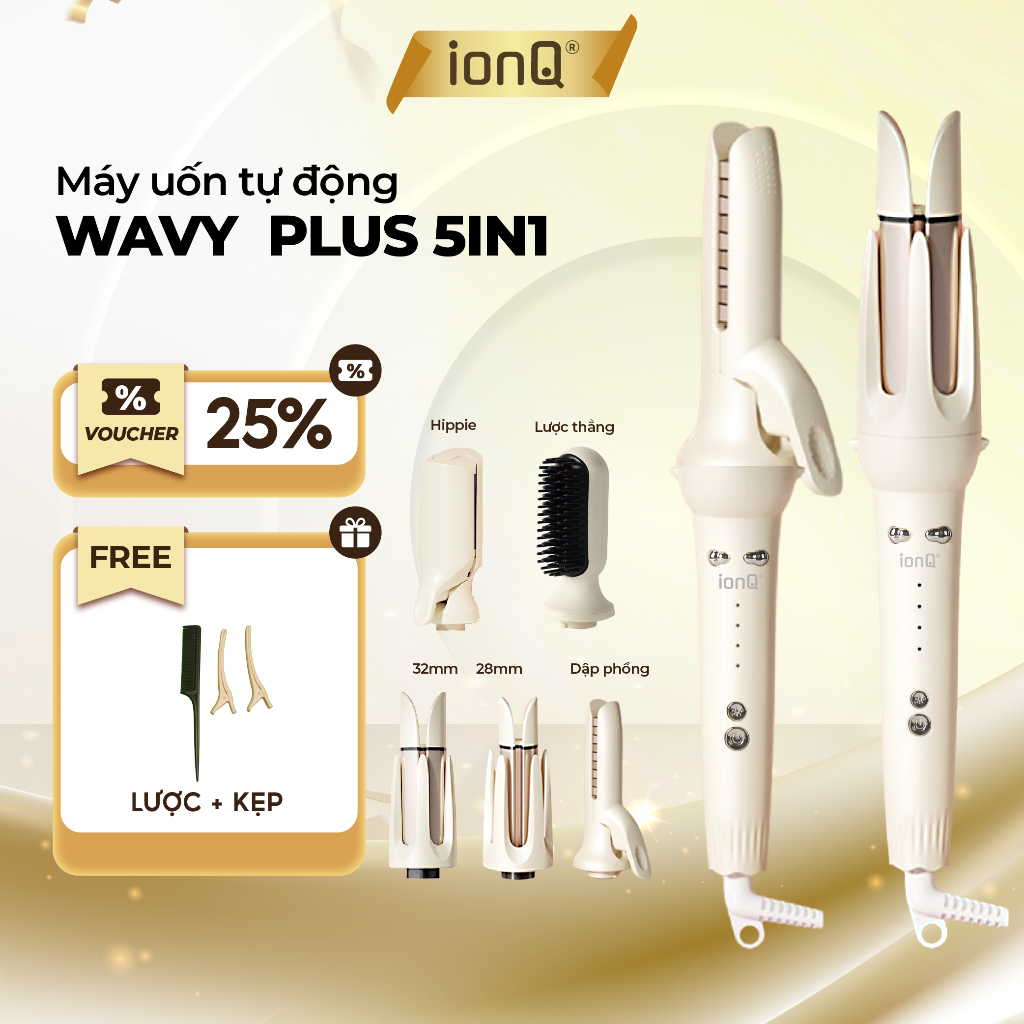 Máy uốn tóc làm xoăn tự động 5in1 ionQ Wavy Plus 2 đầu uốn 40mm, 32mm, 1 dập phồng, 1 uốn hippie và 1 đầu lược - ionQ VN