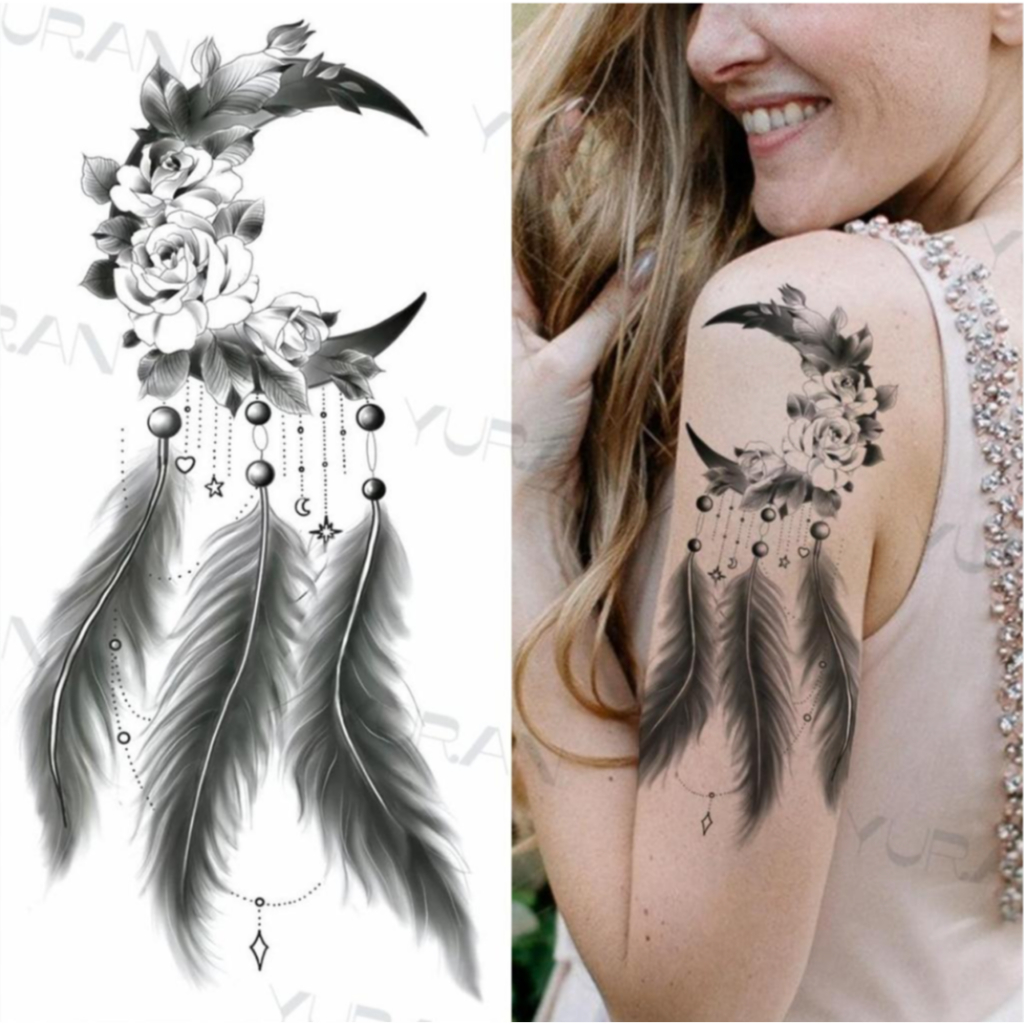 Hình xăm dán lông vũ hoa trắng đen 10x20cm- album dreamcatcher maori