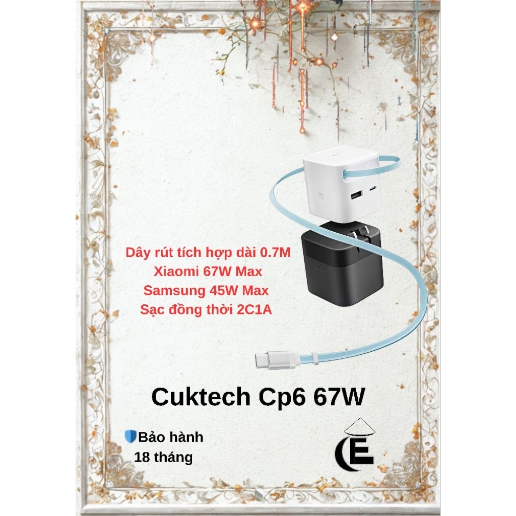 Củ sạc nhanh CUKTECH CP6 GaN 65W Max kèm dây sạc rút gọn 2C1A