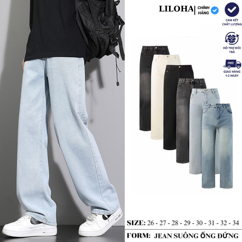 (LILOHA) Quần Jean Nam Ống Suông Rộng Màu Xanh Sáng – Phong Cách Retro – Jean Vải Dày Form Chuẩn