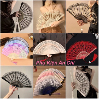 Quạt Lụa xếp cầm tay ,Quạt vải Ren phụ Kiện chụp ảnh áo dài, sườn xám phong cách trung Hoa cổ trang