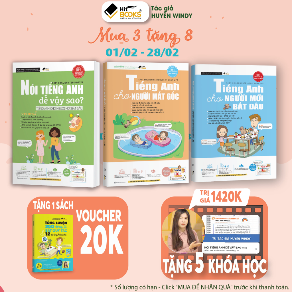 Sách Combo 3 Tiếng anh mất gốc, Tiếng anh cho người mới bắt đầu và Nói tiếng anh dễ vậy sao - Tặng khoá học Hitbooks