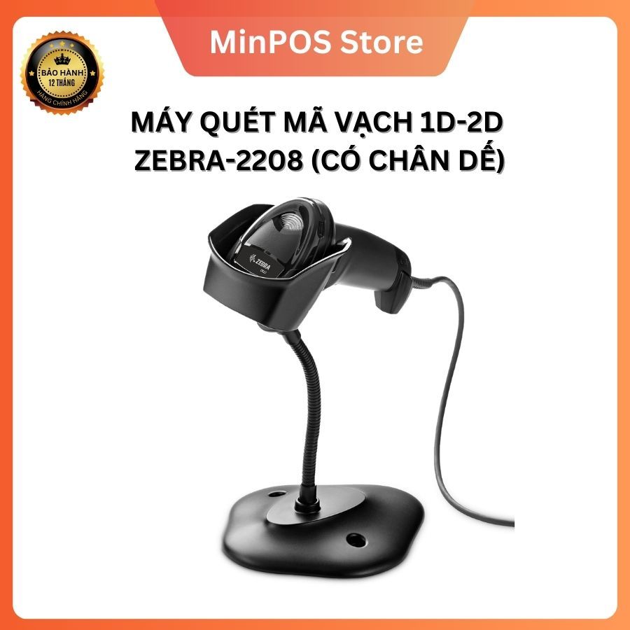 Máy Quét Mã Vạch Zebra DS2208 (1D-2D) Có Chân Đế | Quét Tự Động | Shop Cửa Hàng | Siêu Thị Mini
