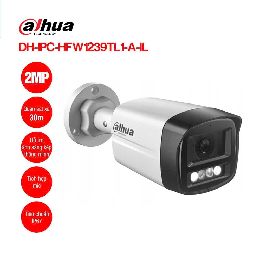 Camera DAHUA DH-IPC-HFW1239TL1-A-IL IP thân cố định ngoài trời, ánh sáng kép 2.0MP, có mic, Phát hiệ