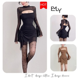 Đầm dự tiệc ôm body tay loe nhún midi Emilyshop D1618 (T)