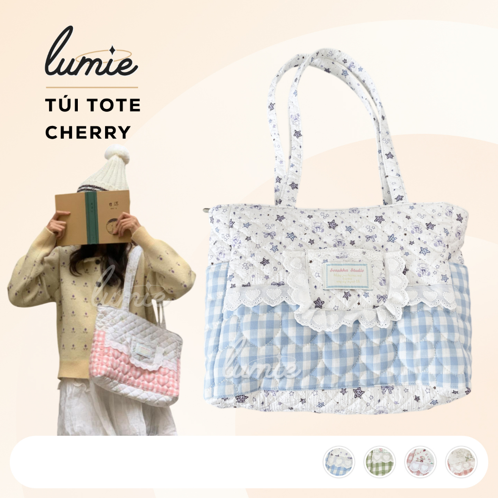 Túi Tote Cherry Chần Bông Ghép Vải Phối Ren Họa Tiết Hoa Nhí Caro Pastel Coquette Mori Vintage