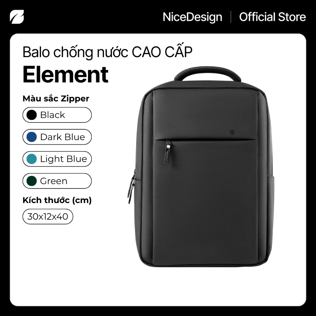 Balo laptop chống nước, chống sốc 13-16 inch Element Đen by NiceDesign làm từ vải chống bám bụi tinh tế, sang trọng