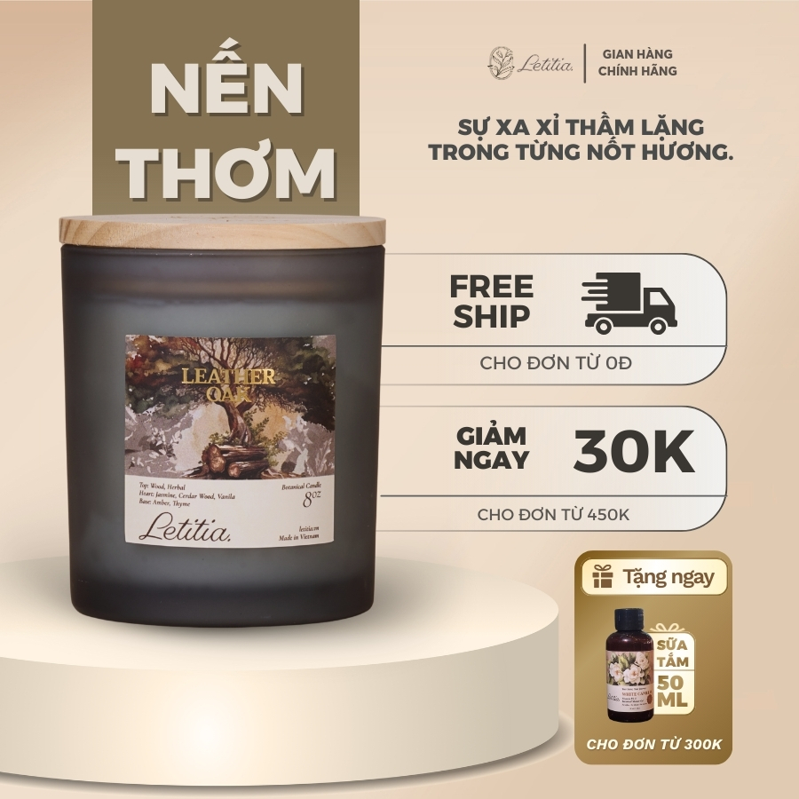 Nến thơm Letitia Cao Cấp Thiên Nhiên Leather Oak Hương Gỗ & Vỏ Cây Trầm Ấm Giúp Thư Giãn, Dễ Ngủ