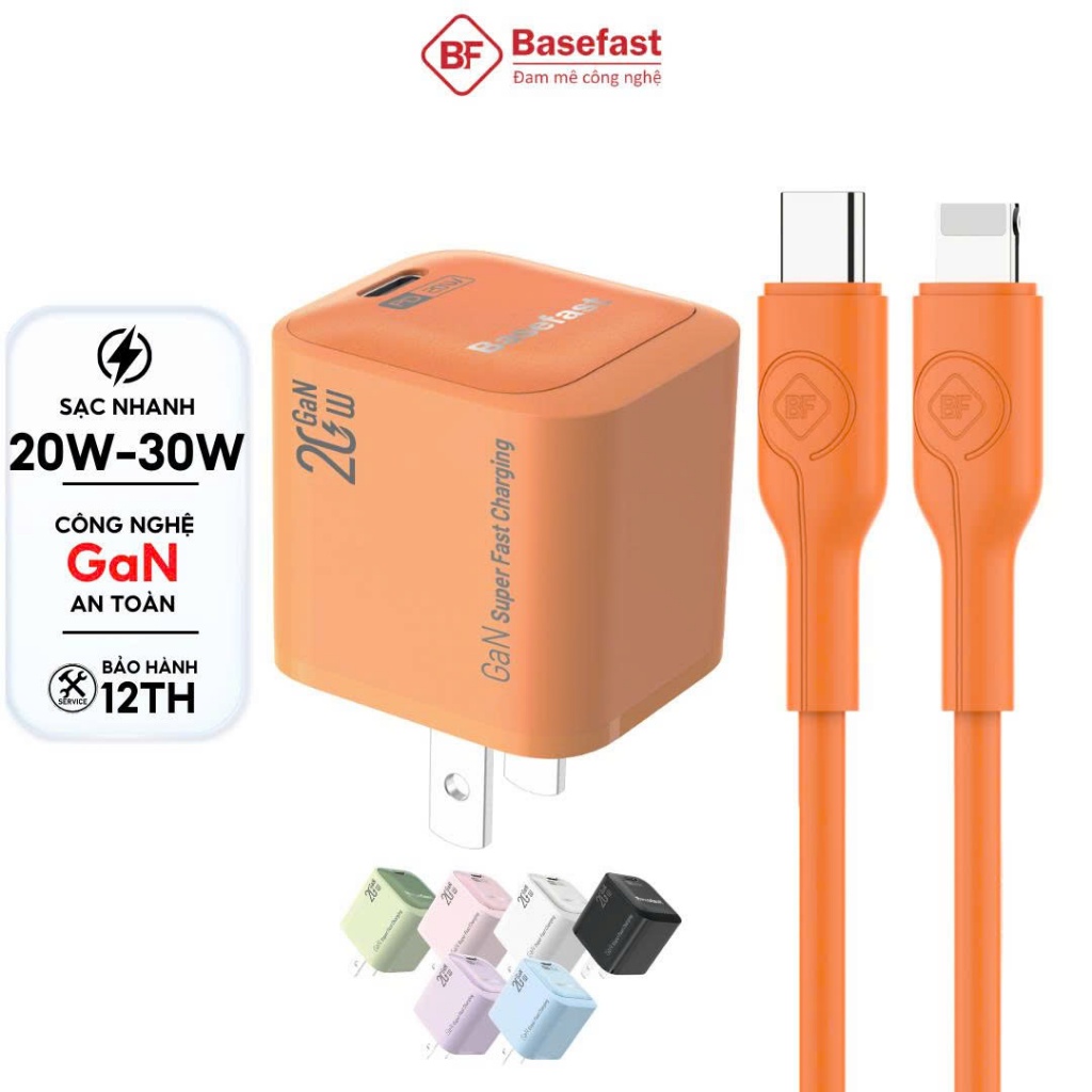 Bộ sạc nhanh 20W 30W Basefast Combo củ GaN kèm dây silicon cho Phone xs 11 12 13 14 pro max...