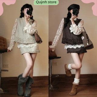 Sét bộ dạ nữ áo gile mix với chân váy bèo xinh tặng kèm áo sơ mi ren trắng QA 32