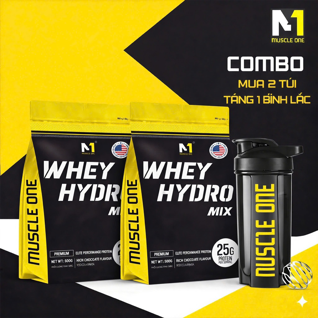 Combo 2 Túi Whey Protein Hydro Mix Muscle One 500g – TẶNG Bình Lắc Chính Hãng – 25g Protein/Serving 