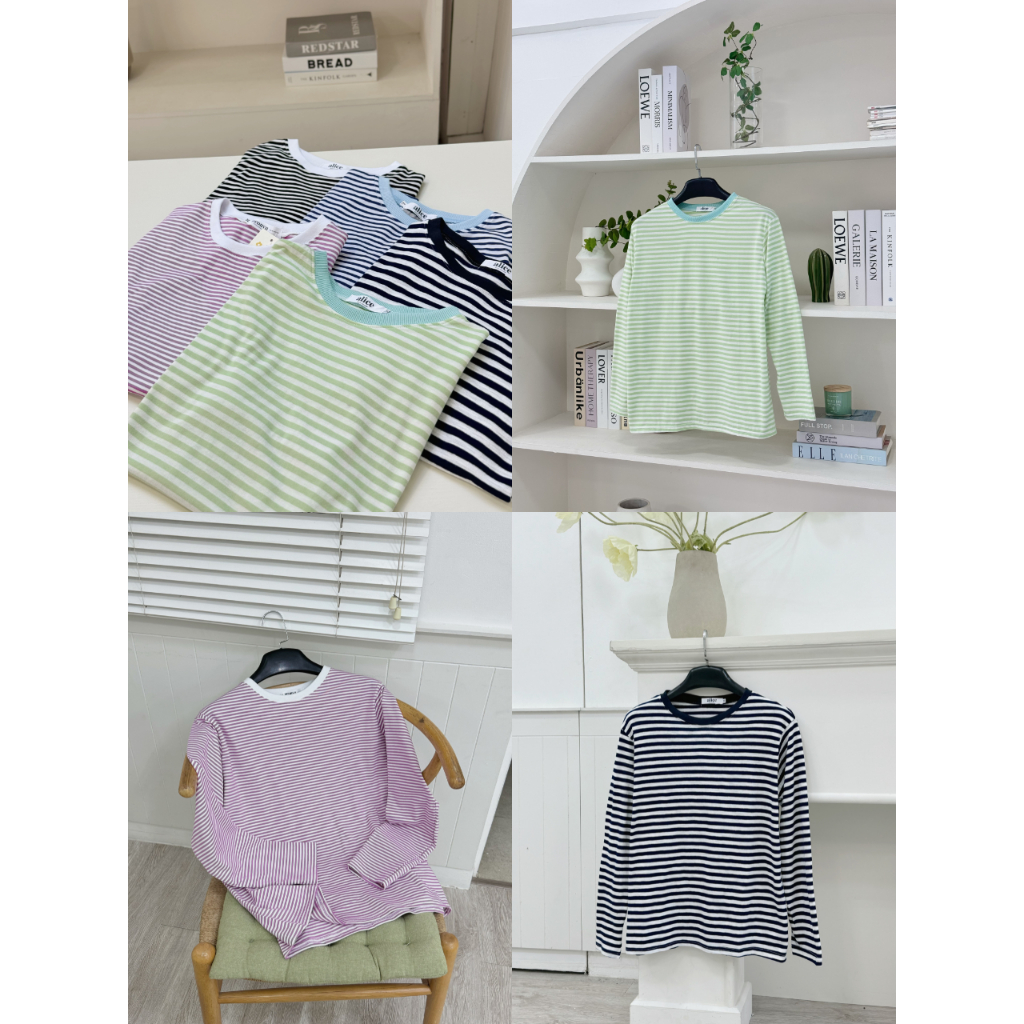 Áo Thun Tay Dài Sọc Ngang Form rộng mềm mại, thoáng mái xinh xắn - NEONVN STUDIO áo thun nữ cổ tròn 