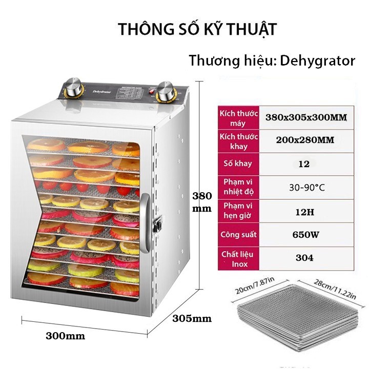 Máy sấy củ quả 12 khay đa năng sấy nông sản, thực phẩm, hoa quả, thảo dược [BH 12 Tháng]