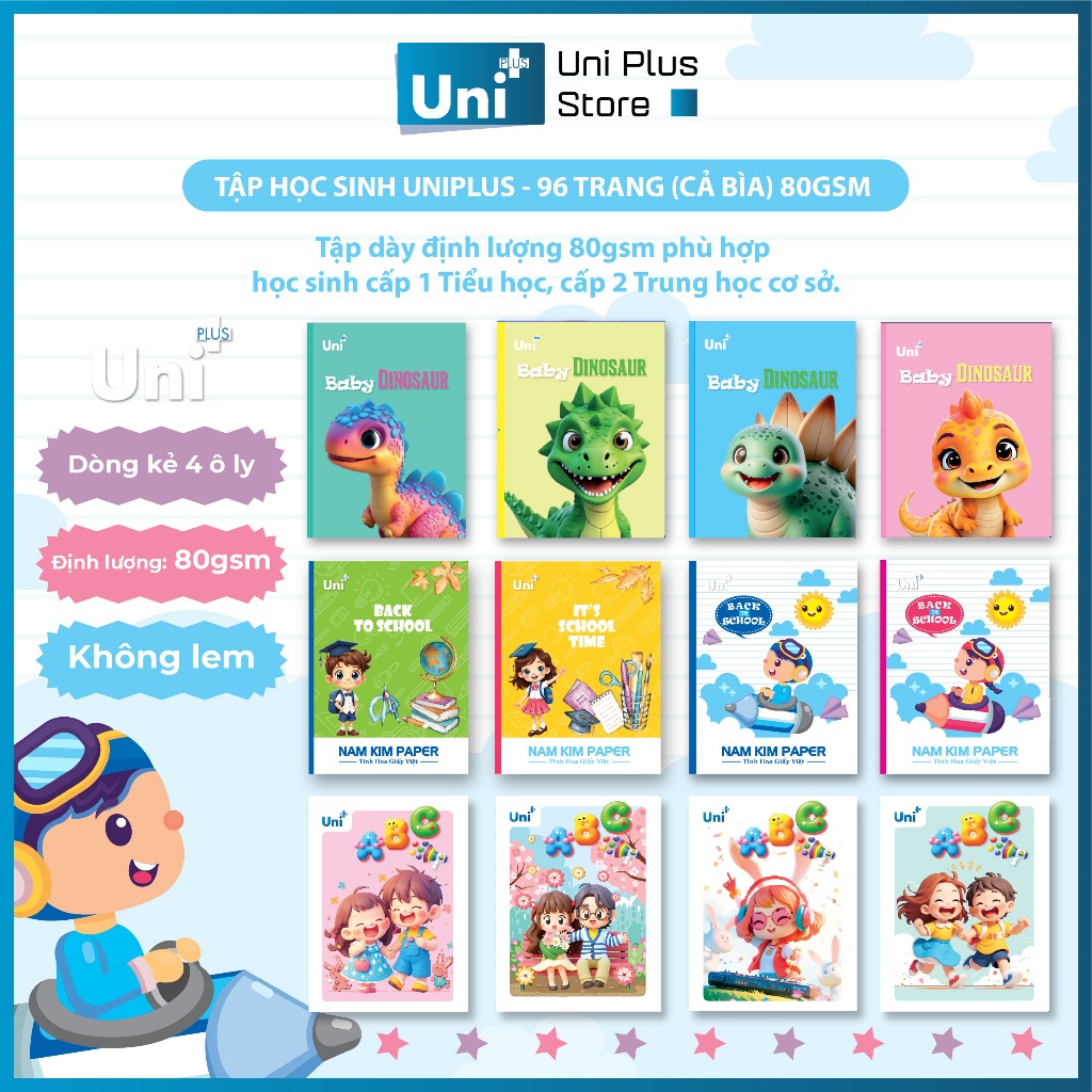 [COMBO 10 QUYỂN TẬP 96 TRANG 4 Ô LY DÀY 80GSM] ABC - Khủng Long- Back to school, giấy 80gsm,nhiều hì