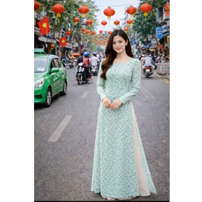 Áo dài cổ vuông hoa nhí tay phồng