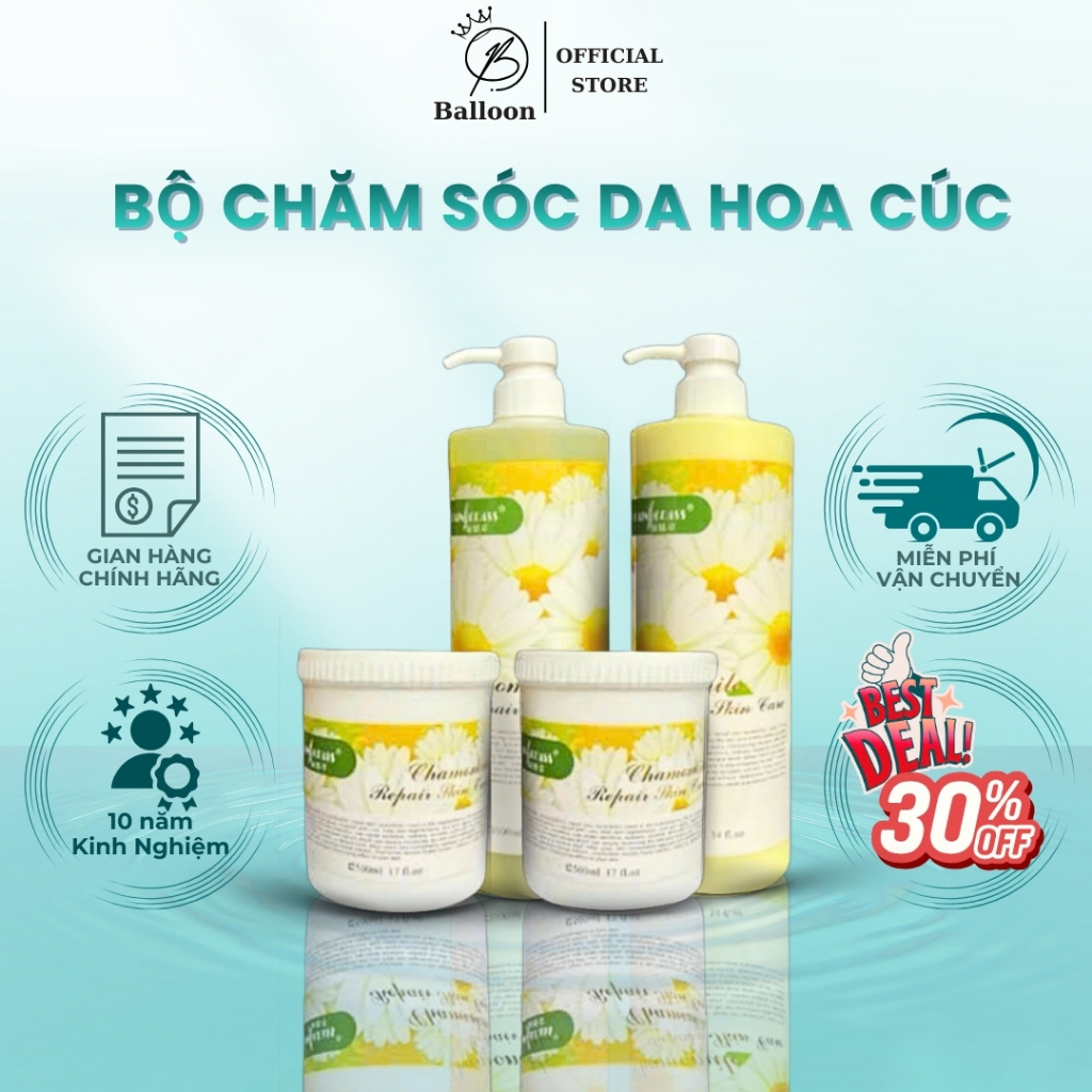 Bộ Chăm Sóc Da Hoa Cúc Kem massage, Tẩy da chết, Sữa rửa mặt, Nước hoa hồng Hoa Cúc