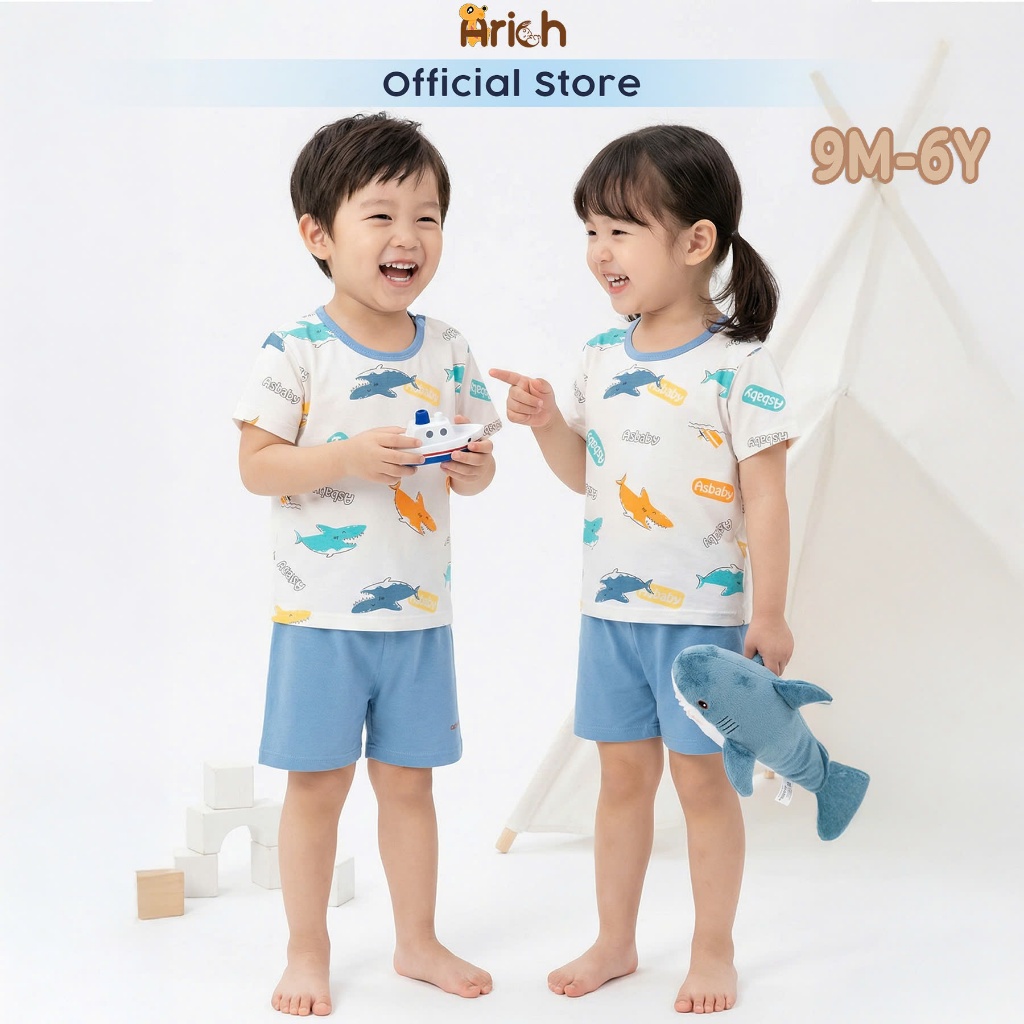 Bộ cộc tay Baby Shark thương hiệu Asbaby, chất cotton rayon petit, cho bé trai, gái 9 tháng - 6 tuổi
