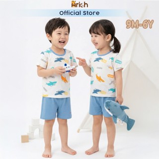 Bộ cộc tay Baby Shark thương hiệu Asbaby, chất cotton rayon petit, cho bé trai, gái 9 tháng - 6 tuổi