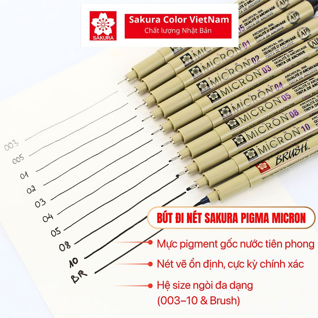 Bút Line Đen Đi Nét Kháng Nước Sakura Pigma Micron, Nhiều Size Ngòi 005, 01 , 02, 03 , 04 , 05 08 & Brush Vẽ Tranh