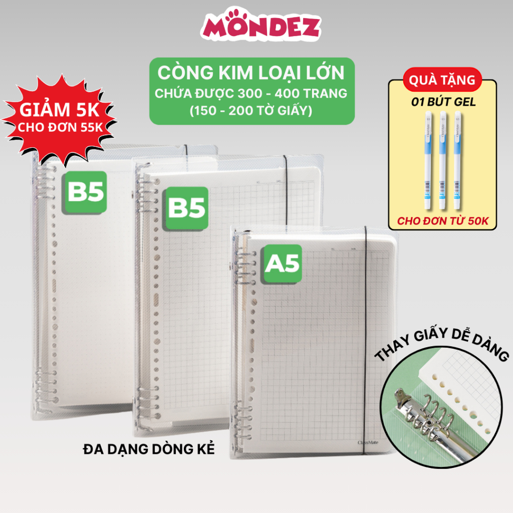 Sổ Còng A5 B5 Binder 8 Còng Chắc Chắn Đựng Được Nhiều Giấy, Đa Dạng Ruột Giấy Refill 100GSM Dày DặnThay Thế