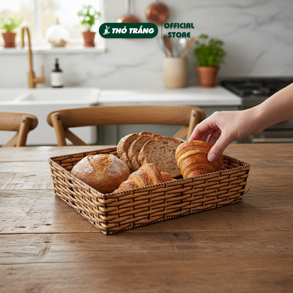 Khay nhựa giả mây hình chữ nhật đựng hoa quả, bánh kẹo đồ dùng đa năng