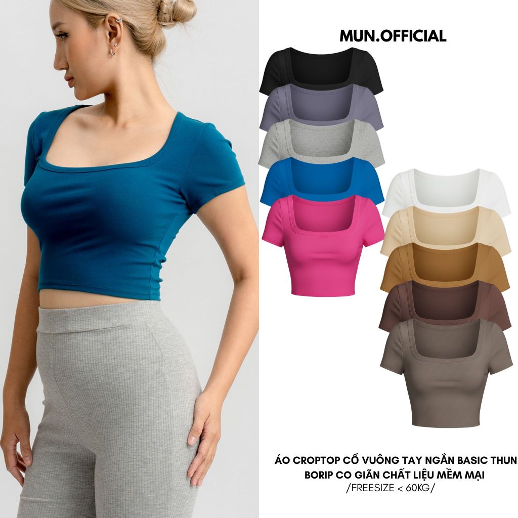 MUN.OFFICIAL Áo Croptop Cổ Vuông Tay Ngắn Co Giãn 4 Chiều Đơn Giãn Basic Minimal Thun Borip Co Giãn 