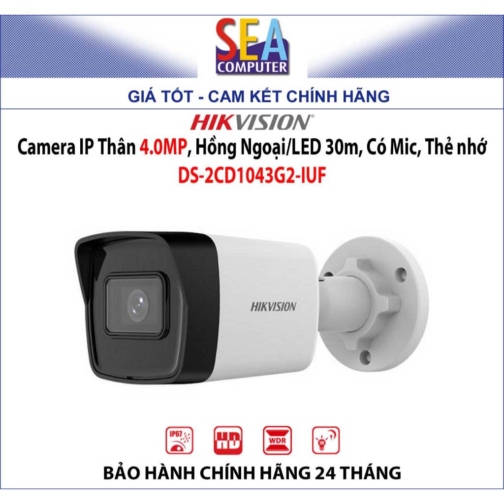 Camera HIKVISION IP Thân 4.0MP, Hồng Ngoại/LED 30m, Có Mic, Thẻ nhớ DS-2CD1043G2-IUF