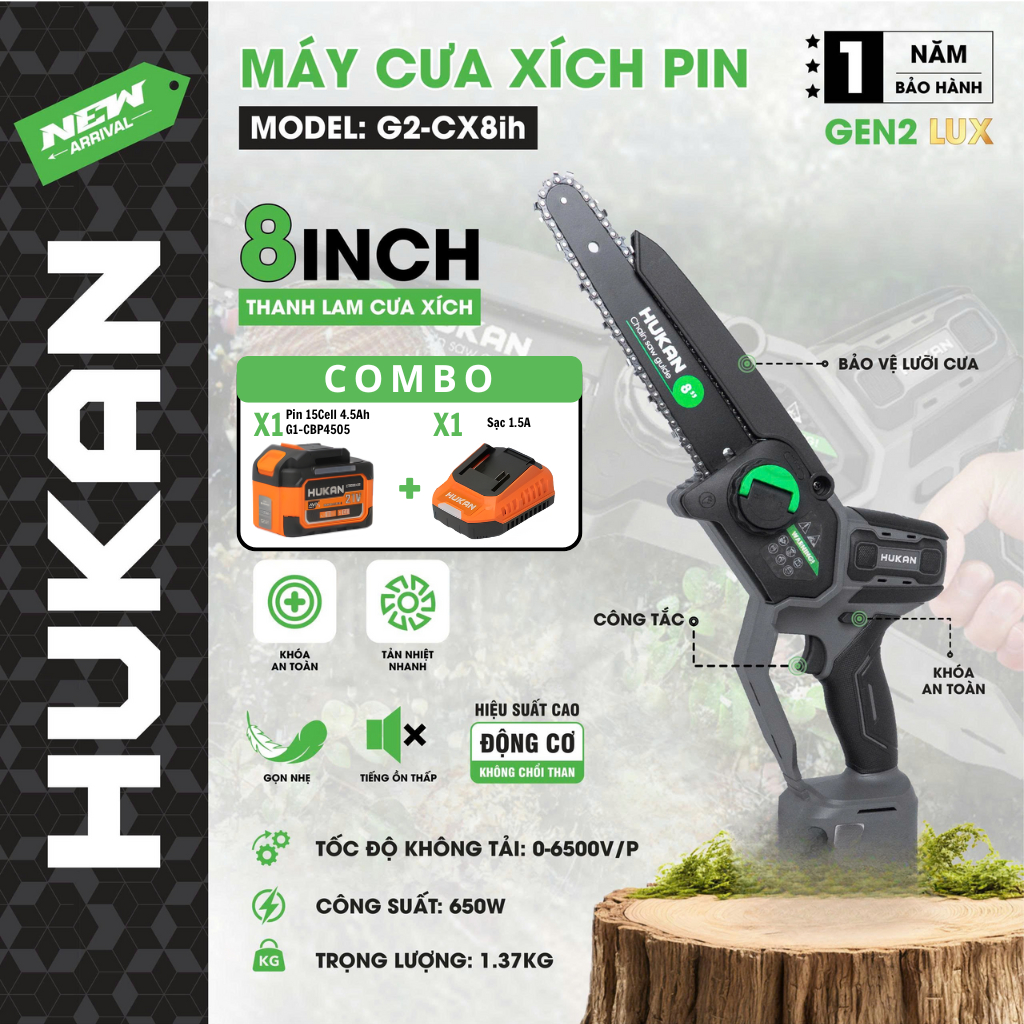 Máy Cưa Xích Pin Hukan G2-CX8ih Động Cơ Không Chổi Than Chân Pin Phổ Thông- HUKAN VIỆT NAM