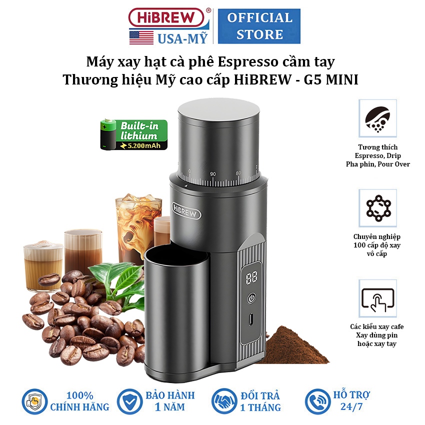 Máy xay hạt cà phê Espresso cầm tay, dùng pin thương hiệu Mỹ cao cấp HiBREW G5 MINI - Bảo Hành 1 Năm