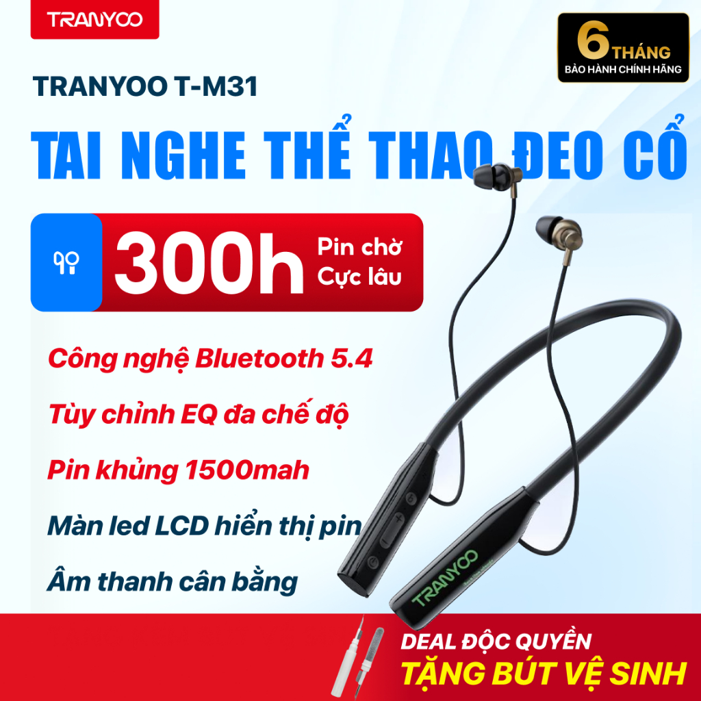 Tai Nghe Bluetooth TRANYOO T-M31 Màng Loa Mạ Titan Thiết Kế Thể Thao Đeo Cổ Pin Trâu Lên Đến 300h