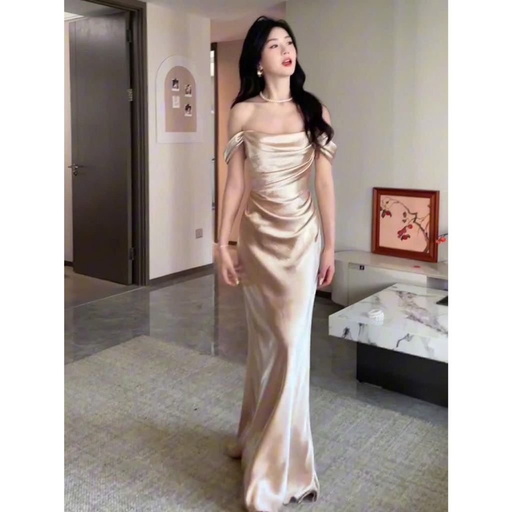 Đầm dự tiệc bigsize, Đầm lụa bigsize trễ vai corset màu vàng đồng cao cấp 55-90kg Yung Bigsize