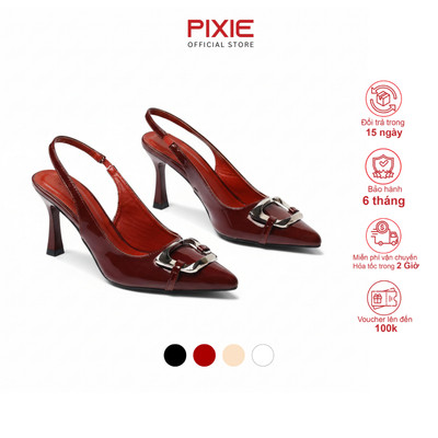 Giày Slingback Mũi Nhọn Gót 7cm Da Bóng Khoá Vuông Pixie H389