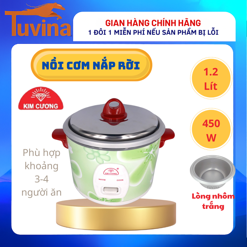 Nồi Cơm Điện Kim Cương KC-1.2LR 1.2L Nắp Rời | Lòng nhôm KHÔNG chống dính | Dây điện rời | BH 12T