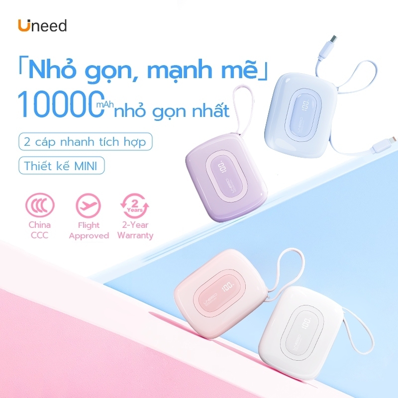 【CCC】Pin sạc dự phòng 10000mah Uneed 3-in-1, Sạc nhanh PD 22.5W type-c và sạc lighting phích cắm điện iP14-17 Samsun