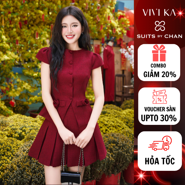 Set đồ thiết kế Moana VIVI KA áo ghile tay phồng phối hoa, váy xòe màu đỏ nữ tính, trẻ trung, thích 