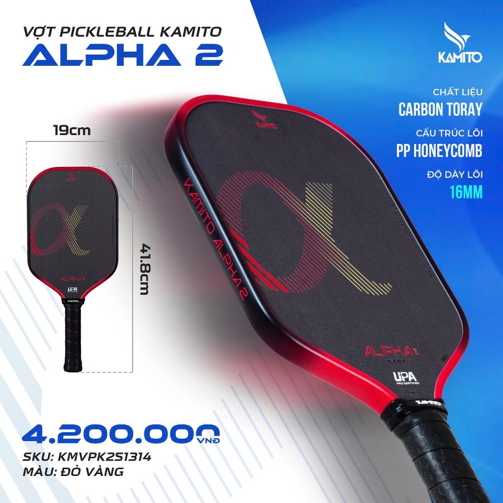 Vợt Pickleball Kamito Alpha 2 Chất Lượng Chuyên Nghiệp, Mặt Vợt Carbon T700, Siêu Bền, Bám Nhám
