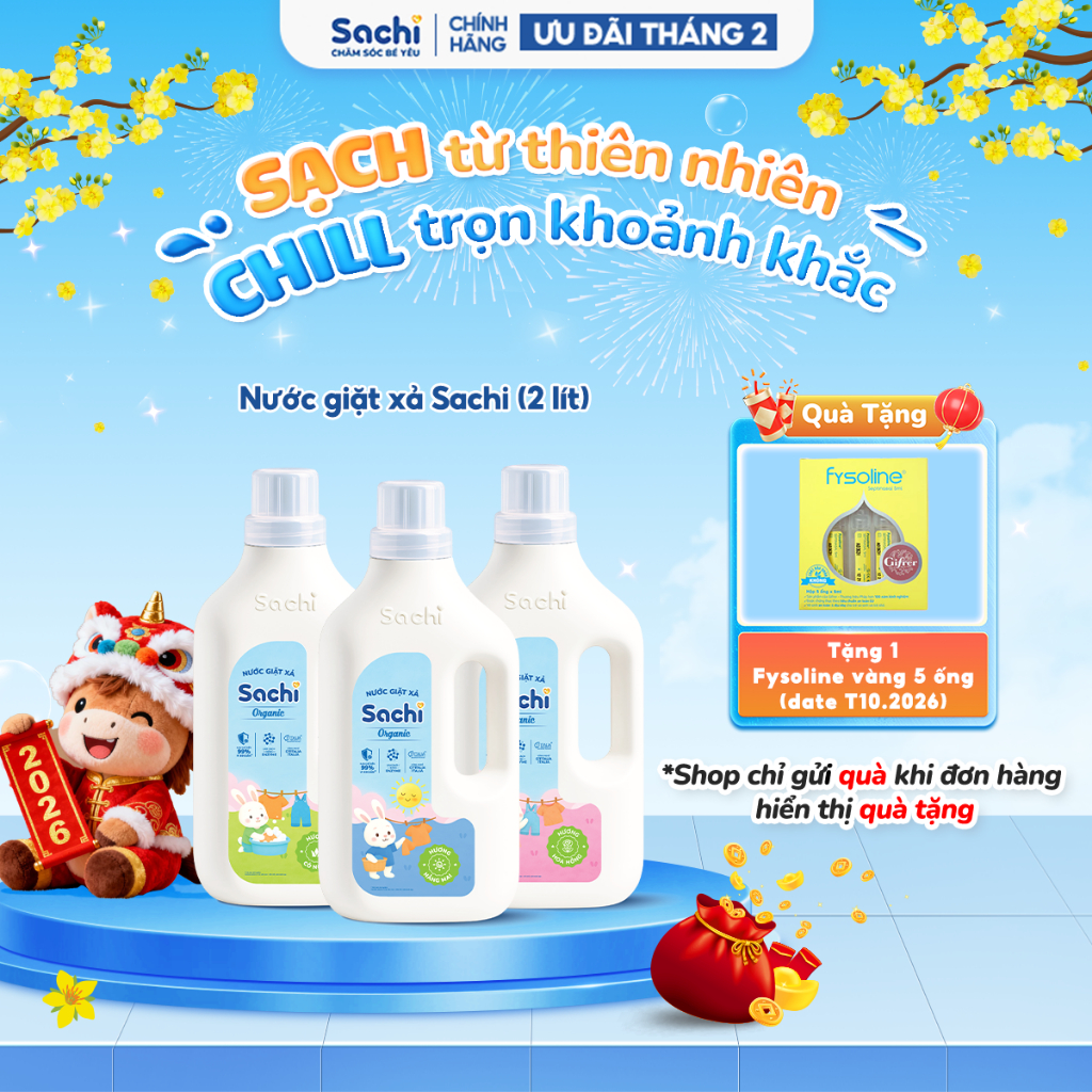 Nước Giặt Xả Cho Bé Sachi Organic Thơm Lâu, Kháng Khuẩn và Giữ Bền Màu Vải An Toàn Cho Trẻ Nhỏ 2KG