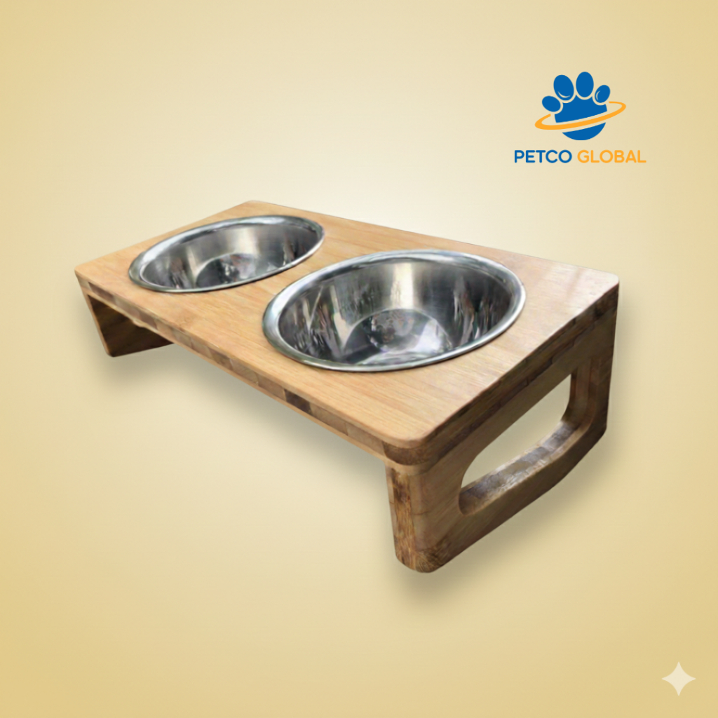 Bát Ăn Chó Mèo Bằng Gỗ Nghiêng Chống Gù Lưng - 2 Bát Inox Cao Cấp PETCO GLOBAL | Hàng Xuất Khẩu
