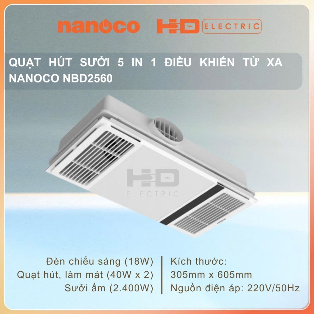 Quạt hút sưởi 5 in 1 Nanoco NBD2560 có remote điều khiển