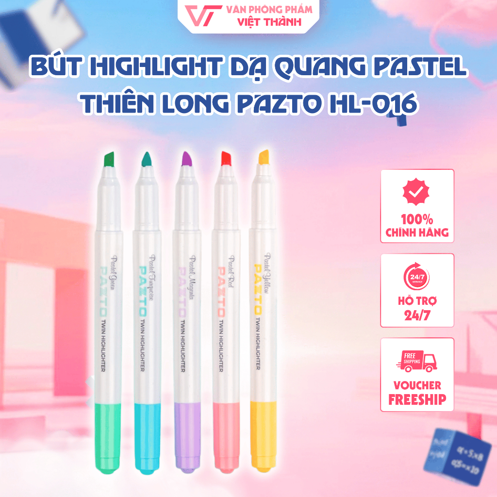 Combo 10 Bút Highlight Dạ Quang, Bút Đánh Dấu Nhớ Dòng Màu Pastel Thiên Long Pazto HL-016 Rửa Được M
