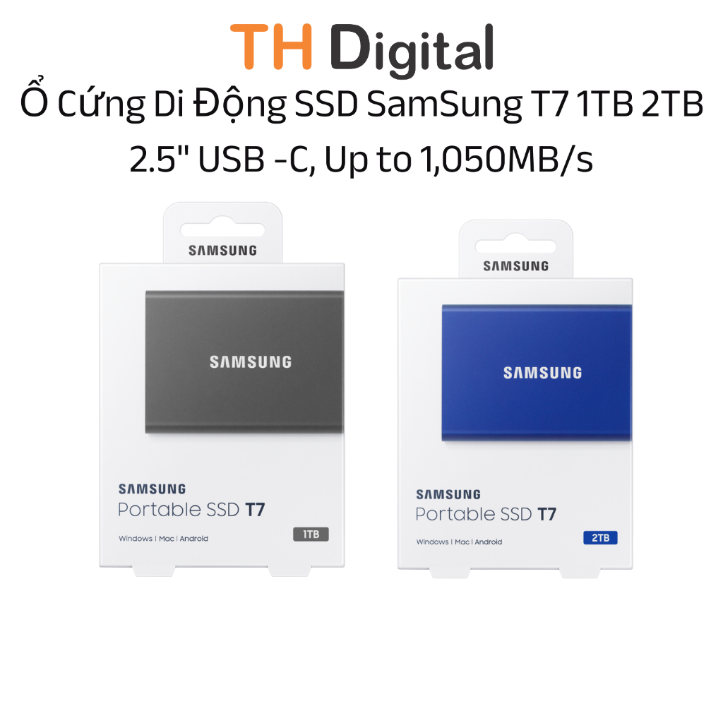 Ổ Cứng Di Động SSD SamSung T7 1TB 2TB 2.5" USB -C, Up to 1,050MB/s MU-PC1T0T/WW MU-PC2T0H/WW