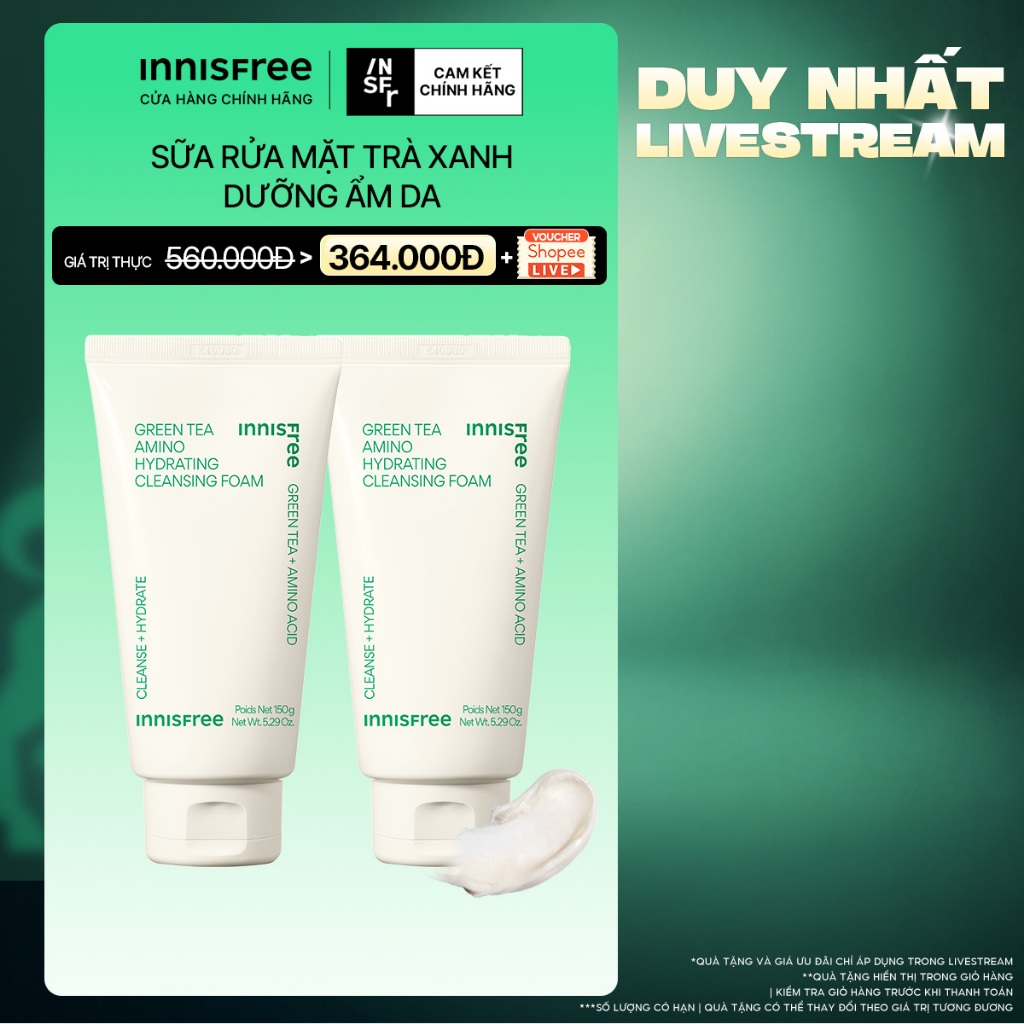 INNISFREE x Bộ 2 Sữa rửa mặt làm sạch và cấp ẩm từ trà xanh Innisfree Green Tea Hydramino Cleansing Foam 150G
